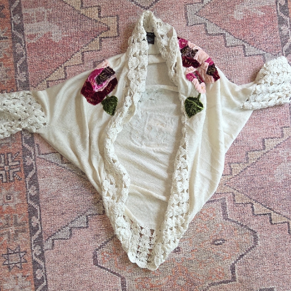 Floral Knit Shrug with Crochet Trim